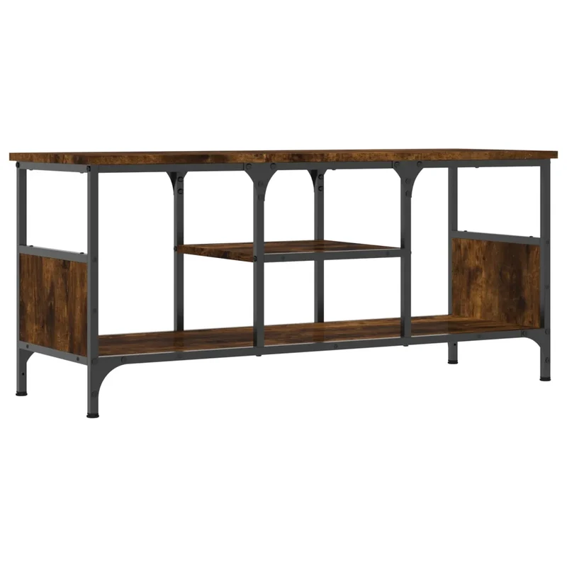 Meuble TV industriel avec rangement design moderne 100 x 35 x 45 cm en bois d'ingénierie chêne fumé 02_0049184