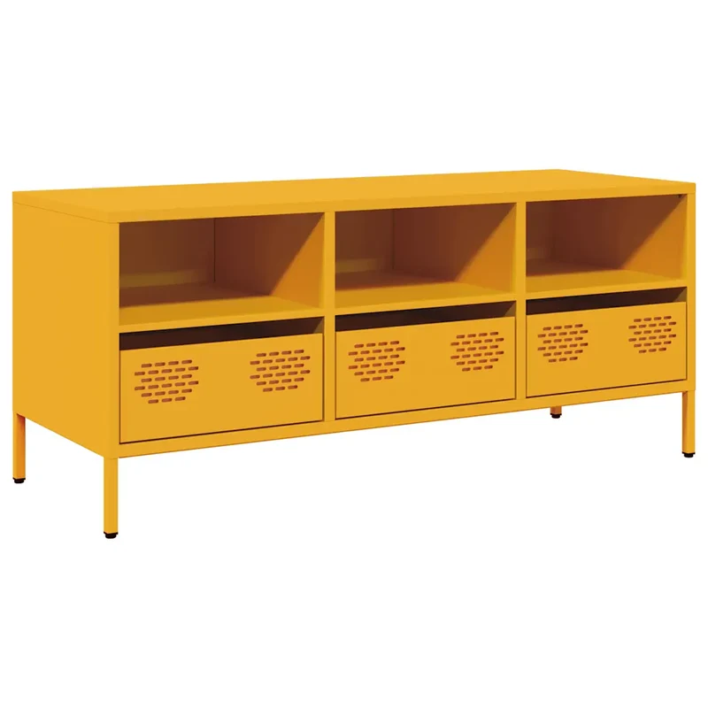 Meuble TV industriel avec tiroirs 101,5 x 39 x 43,5 cm en acier laminé à froid jaune moutarde 02_0049748