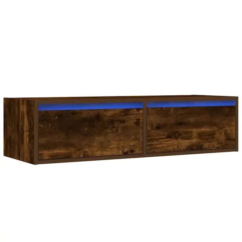 Meuble TV mural moderne éclairage LED 100 x 35,5 x 25 cm gain de place décoratif en bois d'ingénierie chêne fumé 02_0051331