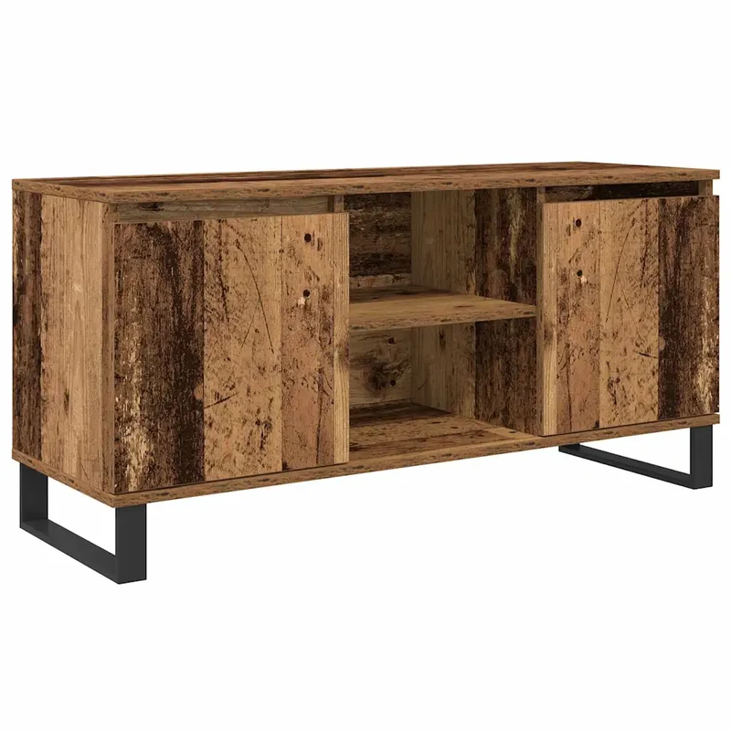 Meuble TV rectangulaire moderne avec 2 étagères et 2 portes salon 104 x 35 x 50 cm en bois ancien 02_0052766