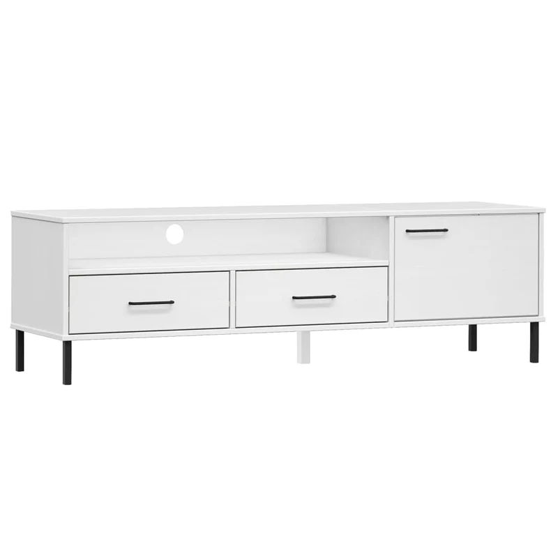Meuble TV multimédia étagère télévision buffet téléviseur salle à manger salon chambre avec pieds en métal bois de pin massif OSLO blanc 02_0026863