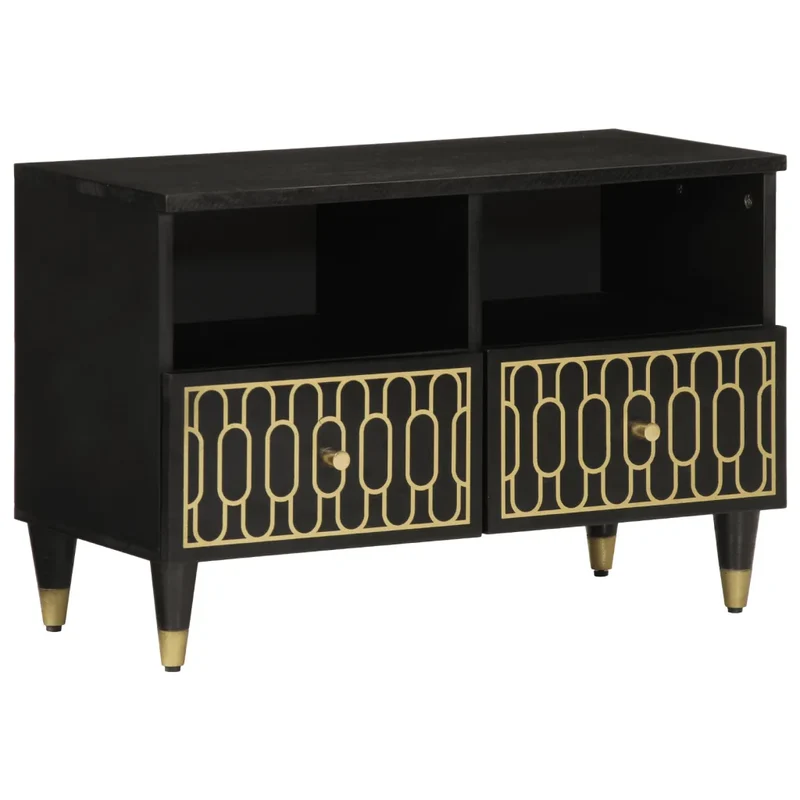 Meuble TV contemporain 70 x 33 x 46 cm avec rangement spacieux style rétro en bois massif noir 02_0047321