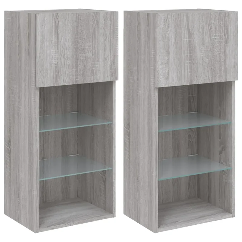 Lot de 2 meubles TV muraux avec rangement éclairage LED 40,5 x 30 x 90 cm en bois d'ingénierie gris 02_0049379