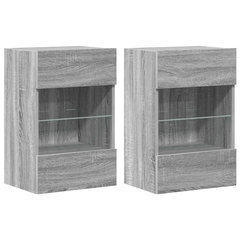 Lot de 2 meubles muraux avec lumières LED pour TV rangement contemporain 40 x 30 x 60 cm en bois d'ingénierie gris 02_0049380