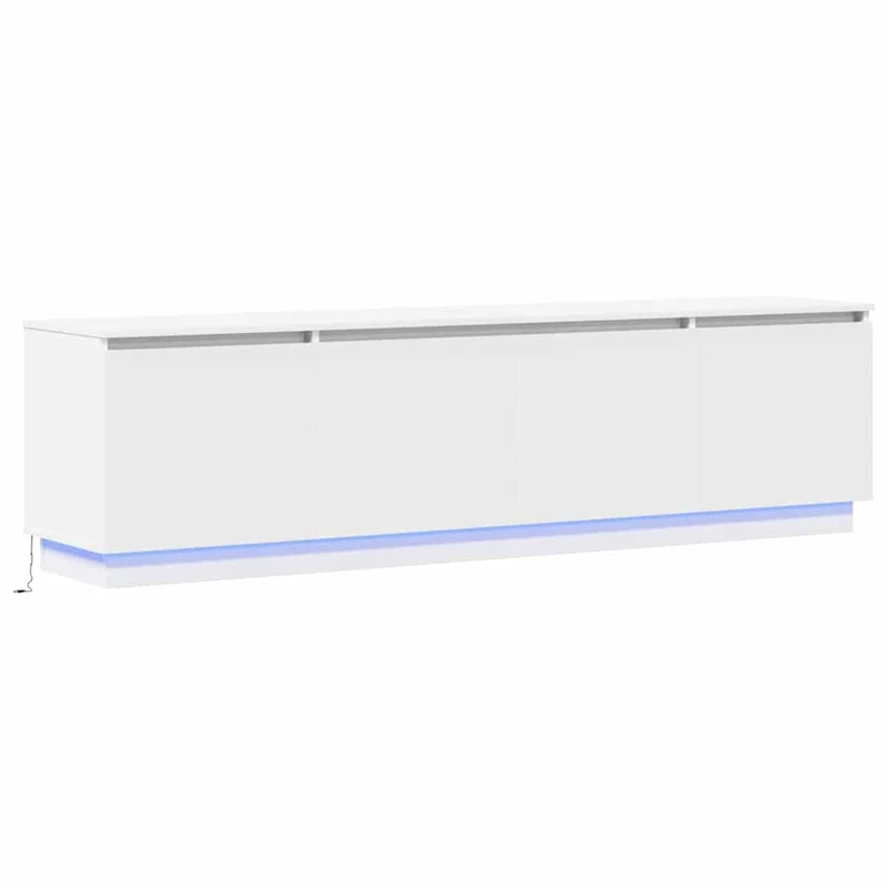 Meuble TV moderne avec rangement 180 x 38 x 49 cm éclairage LED ambiance contemporaine en bois d'ingénierie blanc 02_0056008