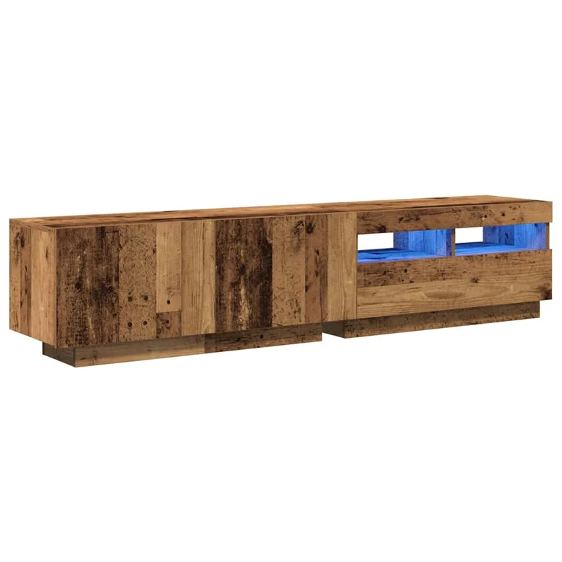 Meuble TV moderne avec lumières LED 180 x 35 x 40 cm grand espace rangement ambiance cosy en bois d'ingénierie vieux bois 02_0055883