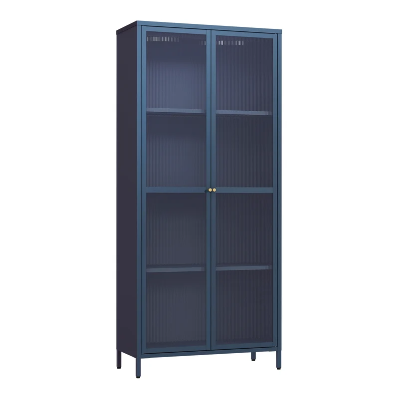 Armoire étagère meuble de rangement vitrée acier verre 180 x 80 x 35 cm bleu marine 03_0008935