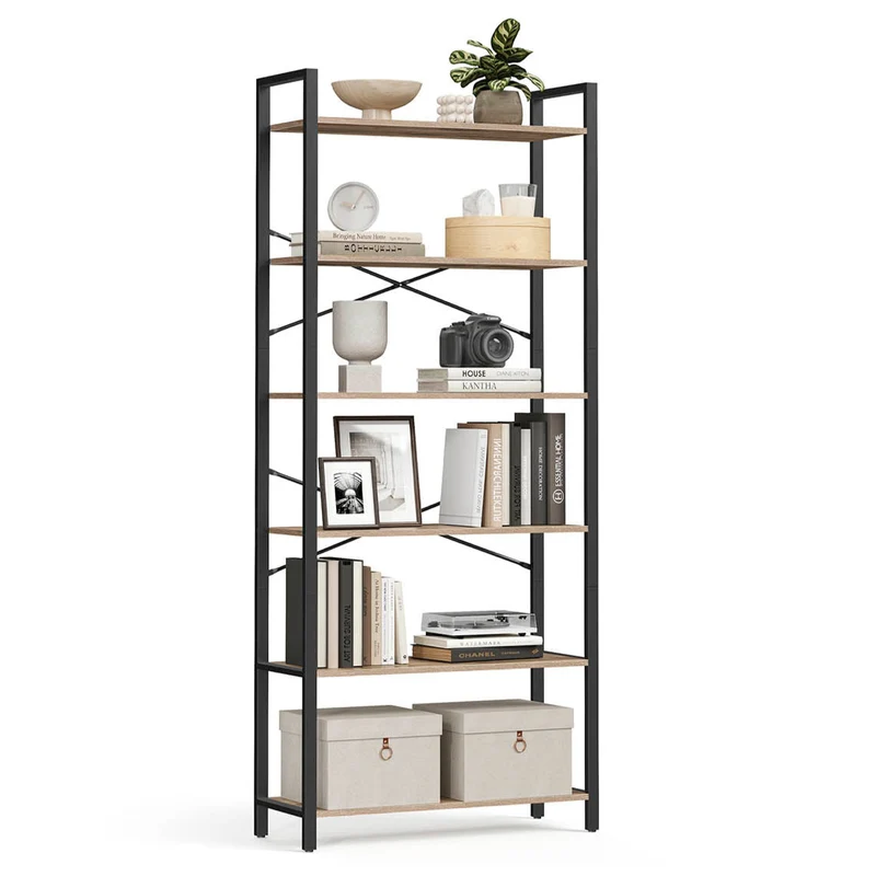 Étagère à 6 niveaux bibliothèque avec cadre en acier pour salon bureau entrée style industriel 80 x 30 x 186 cm marron 12_0005453