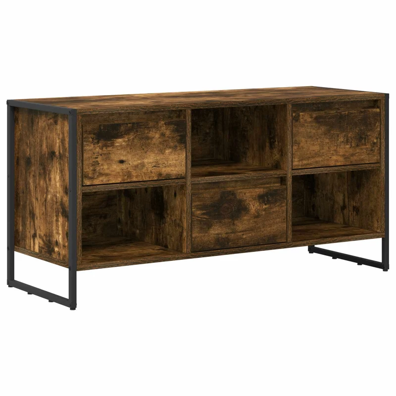 Meuble TV design industriel 100 x 36 x 49,5 cm rangement optimal ambiance moderne en bois d'ingénierie chêne fumé 02_0054537