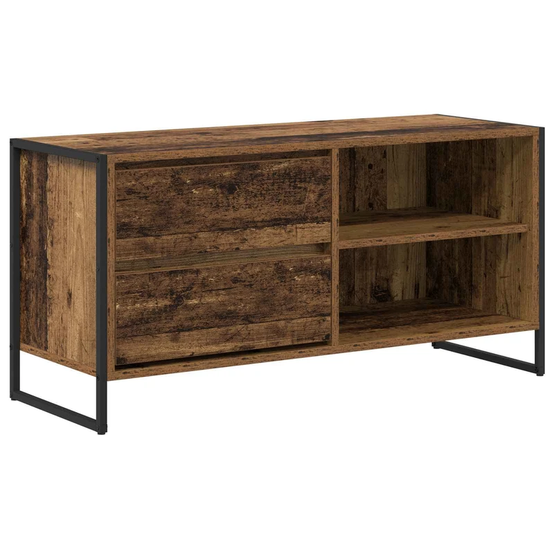 Meuble TV rectangulaire avec tiroir et pieds en acier design industriel salon 100 x 36 x 49,5 cm en bois ancien 02_0054563