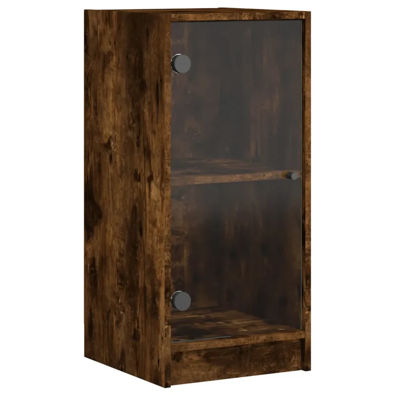 Armoire latérale en bois d'ingénierie 35 x 37 x 75 cm avec portes vitrées design intemporel en chêne fumé 02_0049320