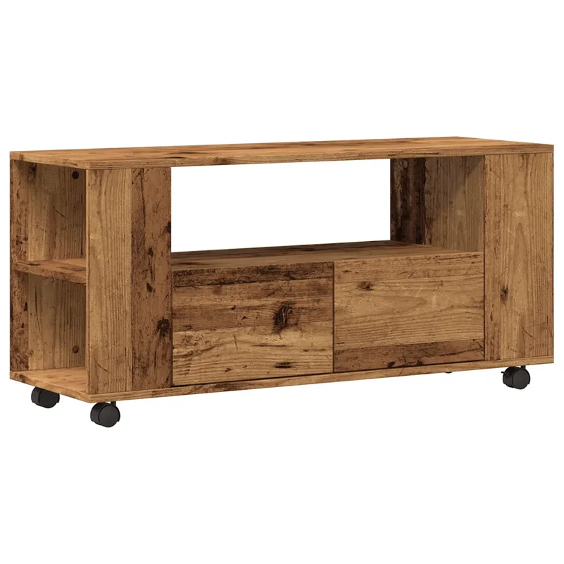 Meuble TV roulettes pratique rangement 102 x 34,5 x 43 cm en bois d'ingénierie vieux bois 02_0050701