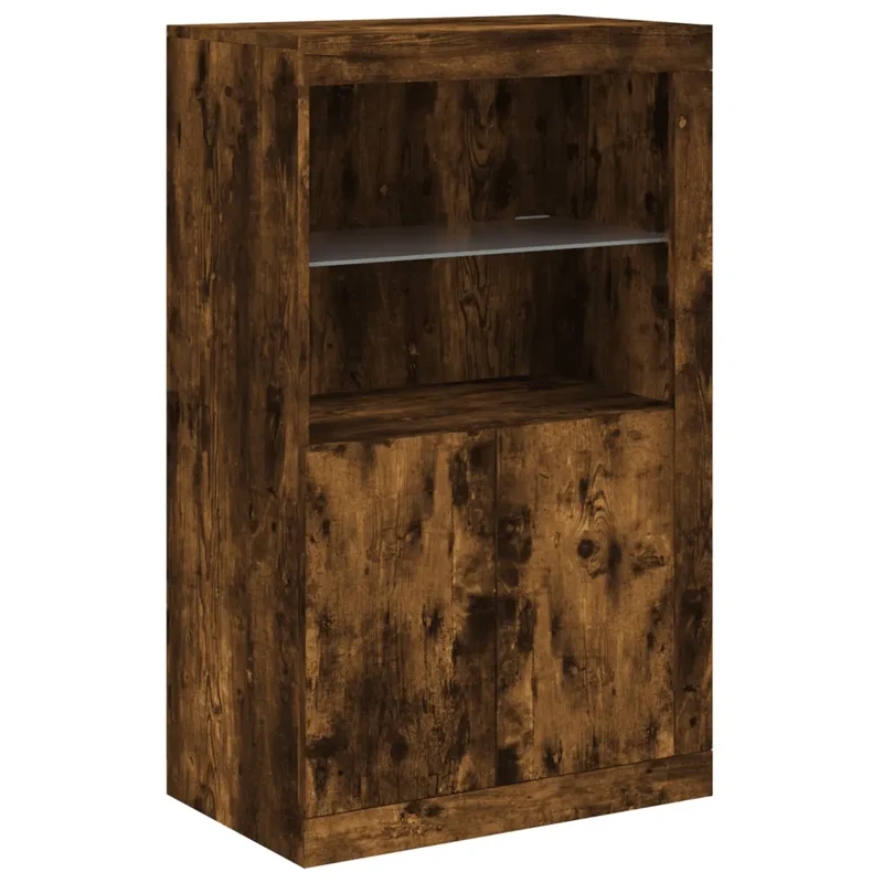 Armoire latérale avec éclairage LED mobilier design contemporain rangement 60,5 x 37 x 100 cm en bois d'ingénierie chêne fumé 02_0049360