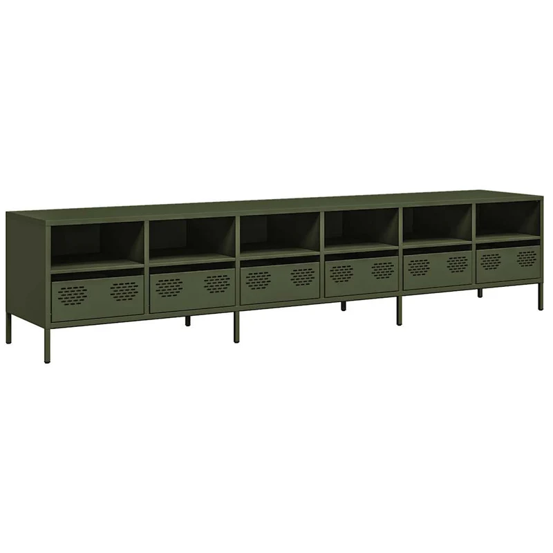 Meuble TV moderne grand espace de rangement 202 x 39 x 43 cm en acier laminé à froid vert olive 02_0055642