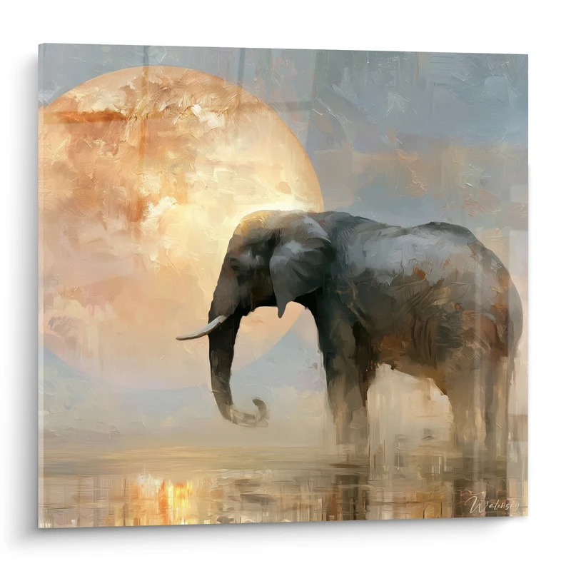 Tableau Éléphant gris et ocre devant une lune géante - Veillée sous la lune - Edition Elephant