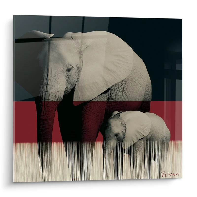 Tableau Éléphants gris bordeaux bande horizontale - Instinct maternel - Edition Elephant