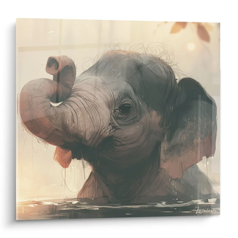 Tableau Éléphanteau gris et rosé trompe levée - Baignade joyeuse - Edition Elephant