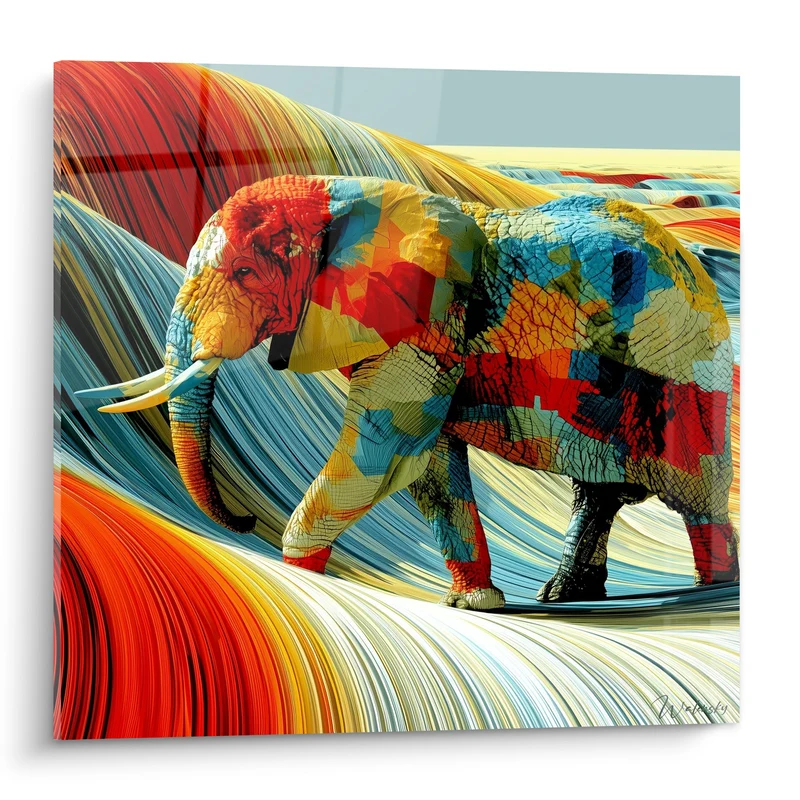 Tableau Éléphant multicolore aux motifs mosaïqués - Marche fragmentée - Edition Elephant