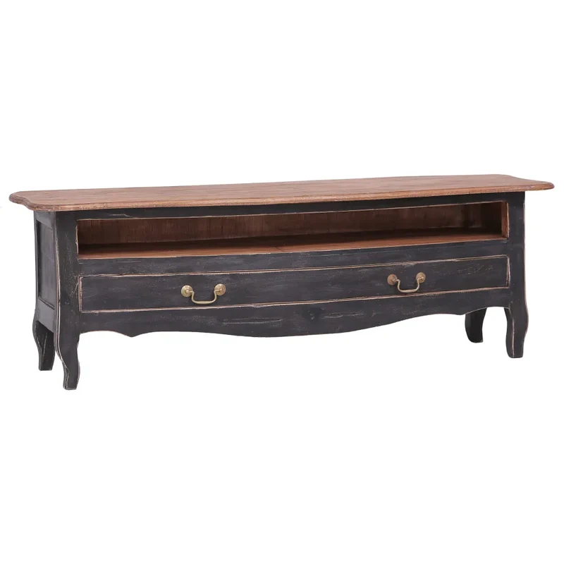 Meuble TV rustique vintage avec tiroir et compartiment ouvert 120 x 30 x 40 cm en bois d'acajou noir 02_0046454