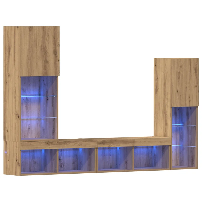 Meuble TV mural moderne 190,5 x 30 x 132 cm avec éclairage LED ambiance cosy en bois d'ingénierie chêne artisanal 02_0055928