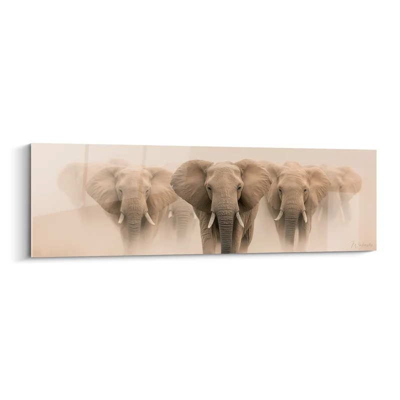 Tableau Éléphants gris beige troupeau brumeux - Marche dans la brume - Edition Elephant