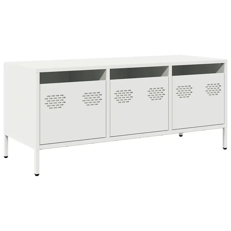 Meuble TV industriel avec 3 tiroirs rangement 101,5 x 39 x 43,5 cm en acier laminé à froid blanc 02_0049726