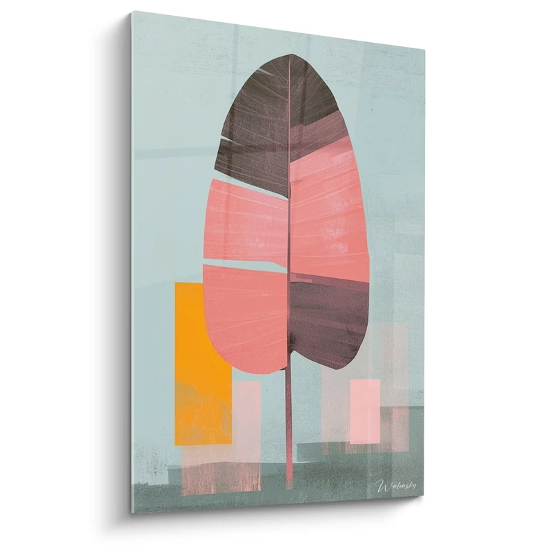 Tableau Feuille rose et prune sur rectangle jaune - Composition graphique pastel - Edition Feuille de palmier