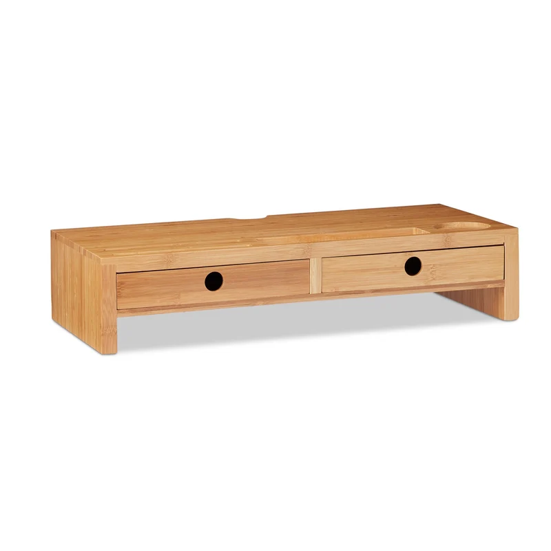 Support pour moniteur ergonomique avec 2 tiroirs rangement bureau 80 x 30 x 12 cm en bambou naturel 13_0004915