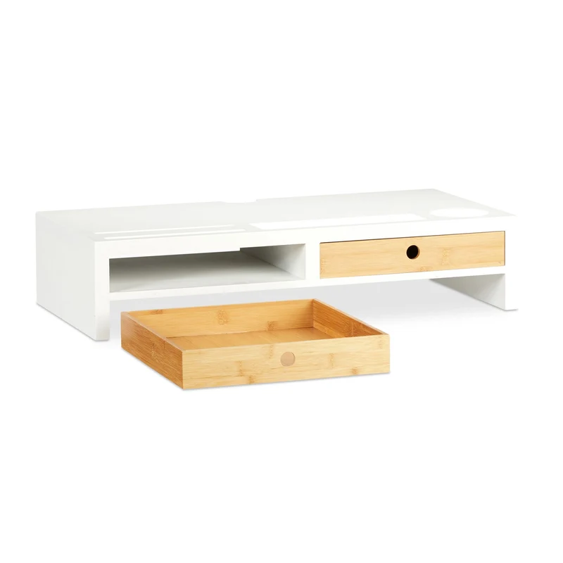 Support pour moniteur ergonomique bureau avec 2 tiroirs rangement 80 x 30 x 10 cm en bois blanc 13_0004917