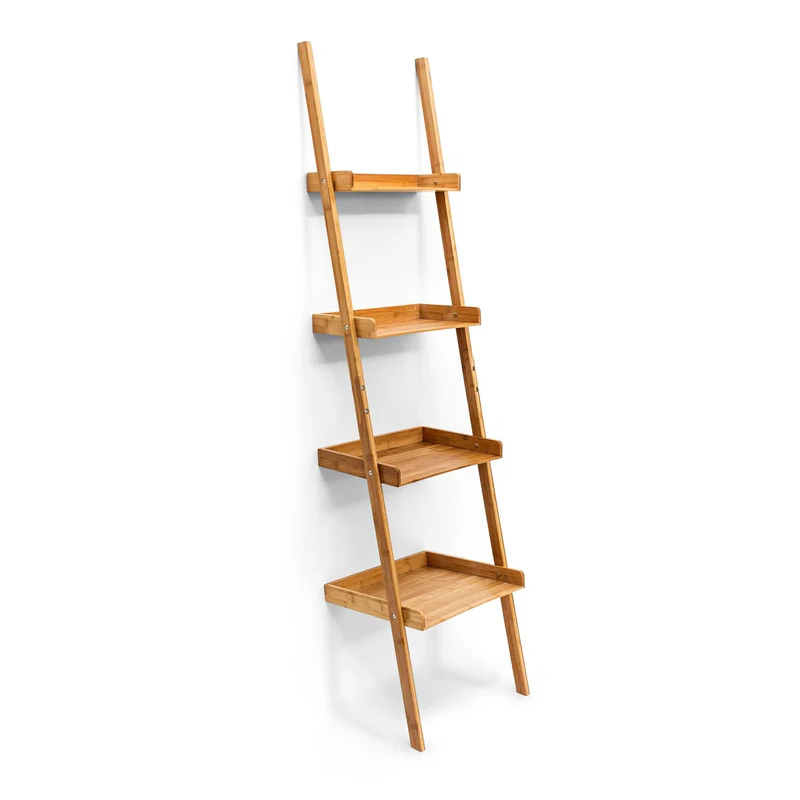 Étagère échelle moderne 4 niveaux pour rangement pratique salle de bain cuisine chambre en bambou naturel 13_0004149