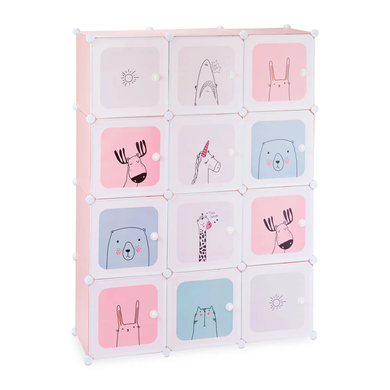 Etagère emboîtable enfant 12 casiers personnalisable rangement jouets chambre 100 x 30 x 80 cm en plastique rose 13_0007265