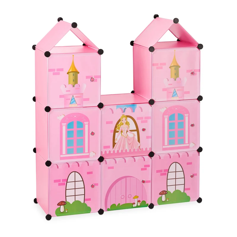 Etagère emboîtable enfant design beau château 8 casiers rangement vêtements jouets en plastique rose 13_0007267
