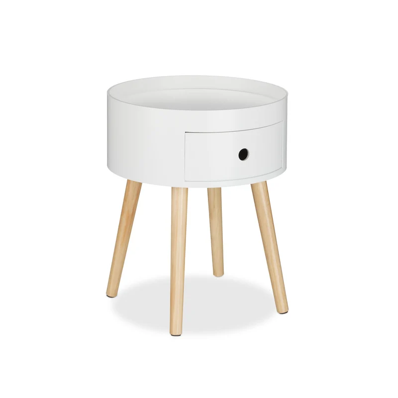Table d'appoint ronde scandinave minimaliste 40 x 40 x 45 cm avec tiroir pratique en bois blanc 13_0008169