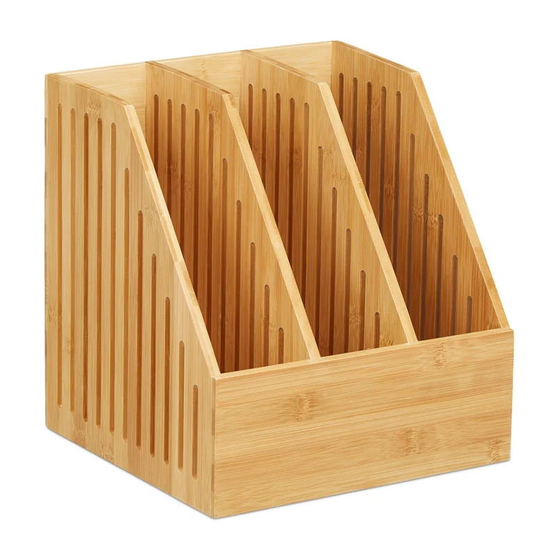 Porte-revues 3 compartiments moderne design épuré bureau 30 x 25 x 30 cm en bambou naturel 13_0007668