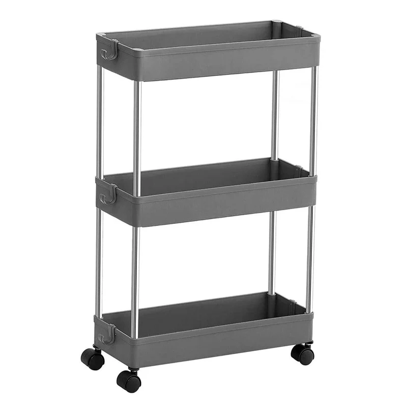 Chariot de rangement mobile sur 3 niveaux étagère sur roulettes gain de place étagère fine pour salle de bain cuisine design ajouré 40 x 12,5 x 60 cm gris 12_0003492