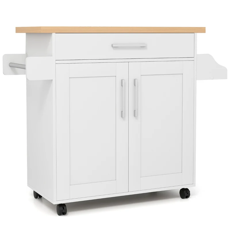 Îlot de cuisine roulant 111 x 40 x 90 cm avec tiroir et 2 étagères design pratique en bois manufacturé blanc 20_0017276