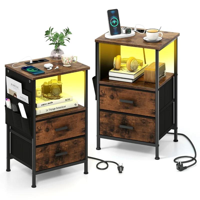 Lot de 2 tables d’appoint 38 x 30 x 60 cm avec station de charge intégrée style rustique et ambiance cosy en bois composite marron 20_0012487