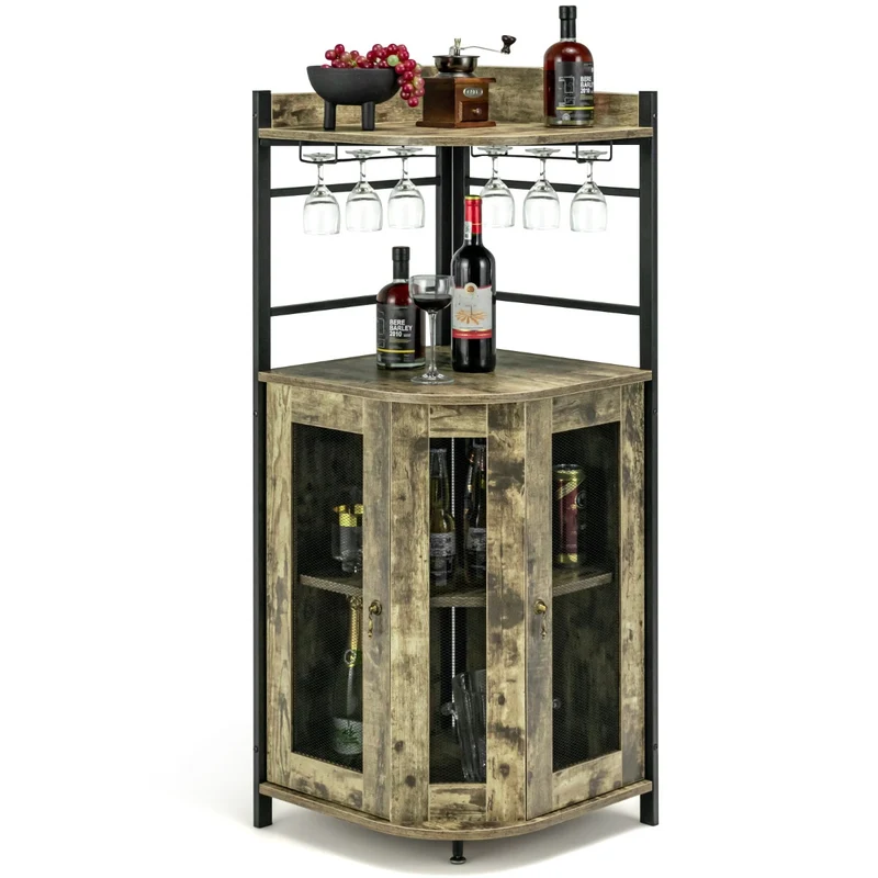 Buffet bar d'angle 46 x 46 x 130 cm armoire de rangement avec porte-verres étagère réglable style vintage en bois marron 20_0010810