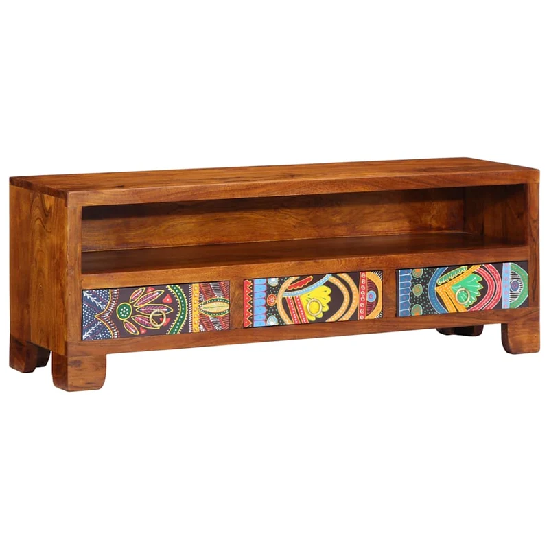 Meuble TV multicolore avec grand espace de rangement 110 x 30 x 40 cm en bois d'acacia massif 02_0057669
