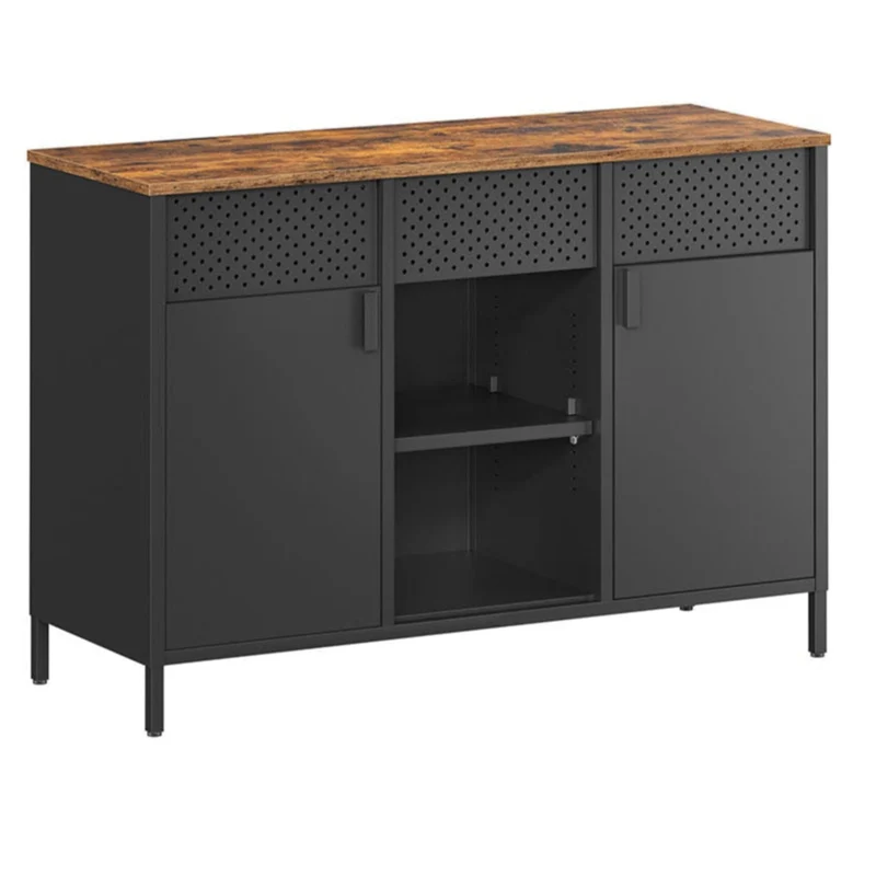 Armoire de rangement meuble en métal placard à double portes buffet fermeture magnétique étagères réglables cadre en acier marron rustique et noir mat lsc204b01 12_0003996