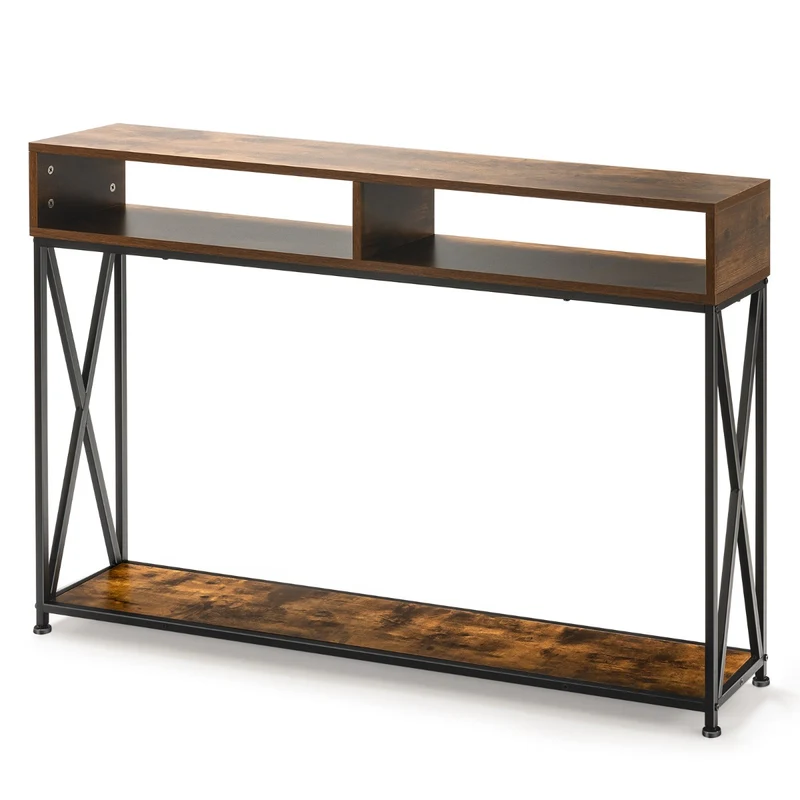 Table console industrielle étroite 120 x 23 x 79 cm avec étagères ouvertes et système anti-basculement en acier marron 20_0013829