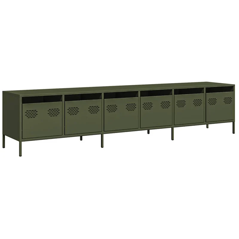 Meuble TV pratique avec grand rangement 202 x 39 x 43 cm style contemporain en acier laminé à froid vert olive 02_0055636