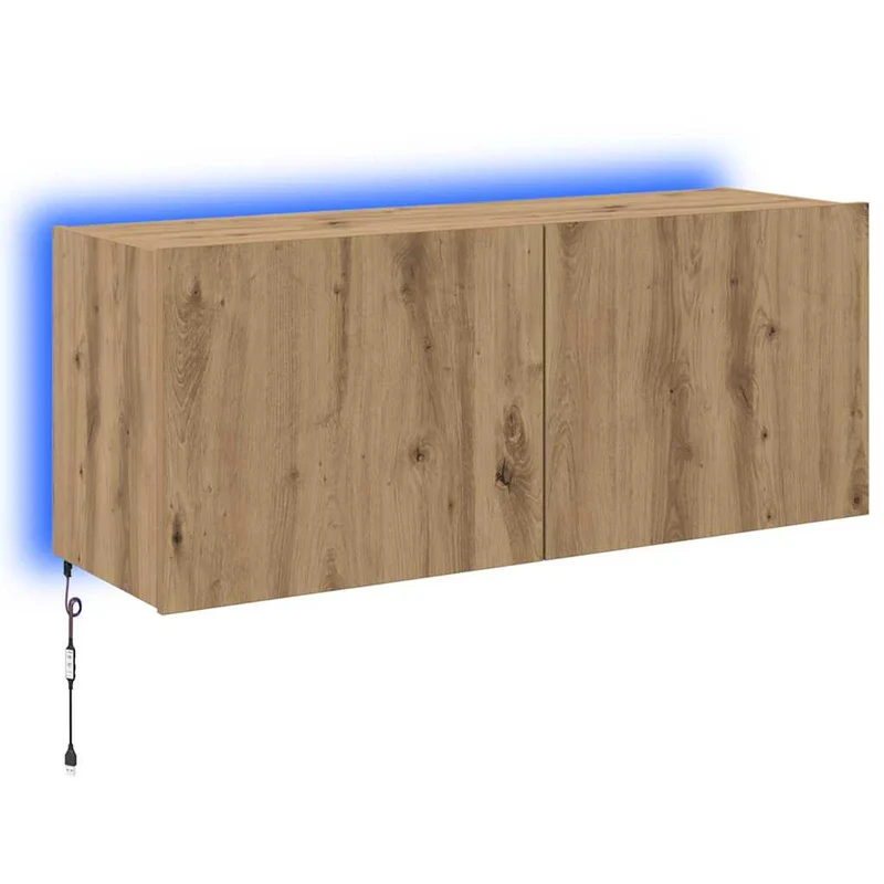 Meuble TV mural moderne avec éclairage LED 100 x 35 x 41 cm en bois d'ingénierie chêne artisanal 02_0054533