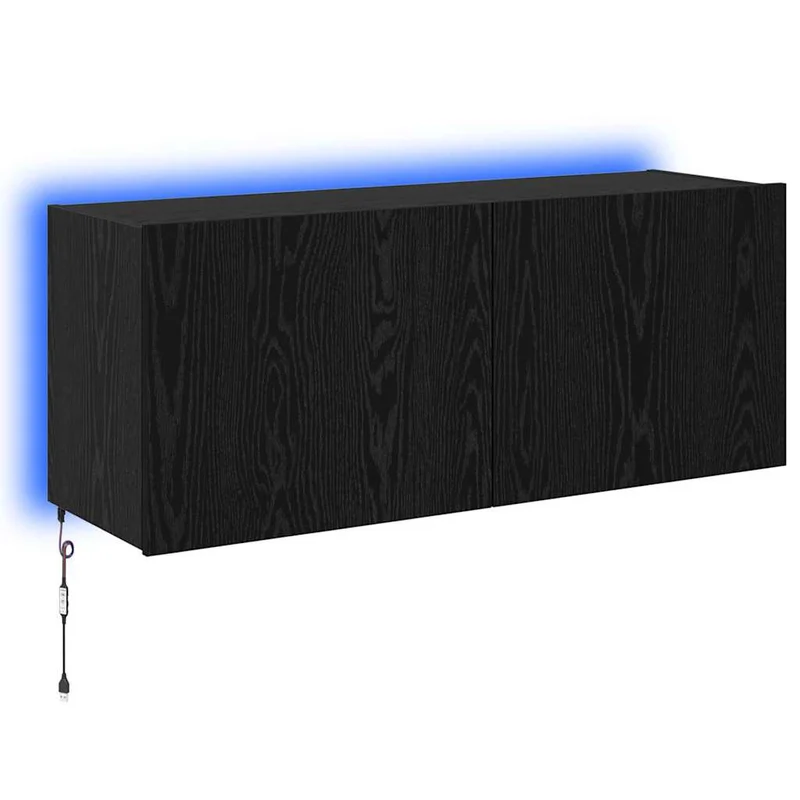Meuble TV mural moderne avec éclairage LED chic 100 x 35 x 41 cm en bois d'ingénierie noir 02_0054534