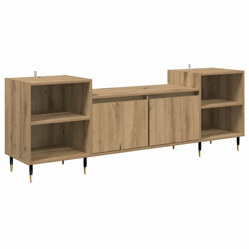 Meuble TV rectangulaire moderne 160 x 35 x 55 cm avec 4 étagères et 2 portes en bois d'ingénierie chêne artisanal 02_0052782