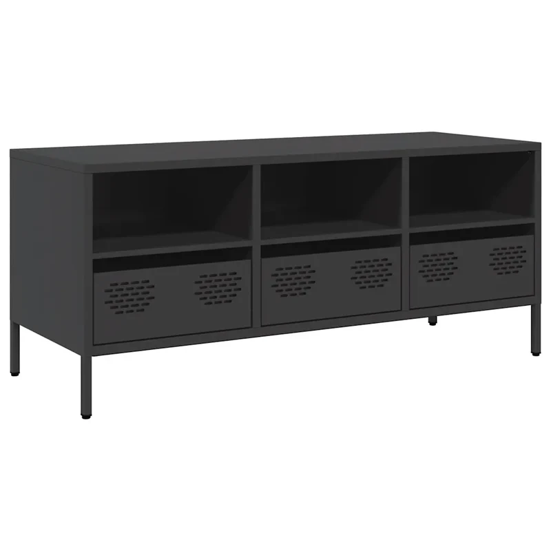 Meuble TV design industriel avec rangement 101,5 x 39 x 43,5 cm en acier laminé à froid noir 02_0049745