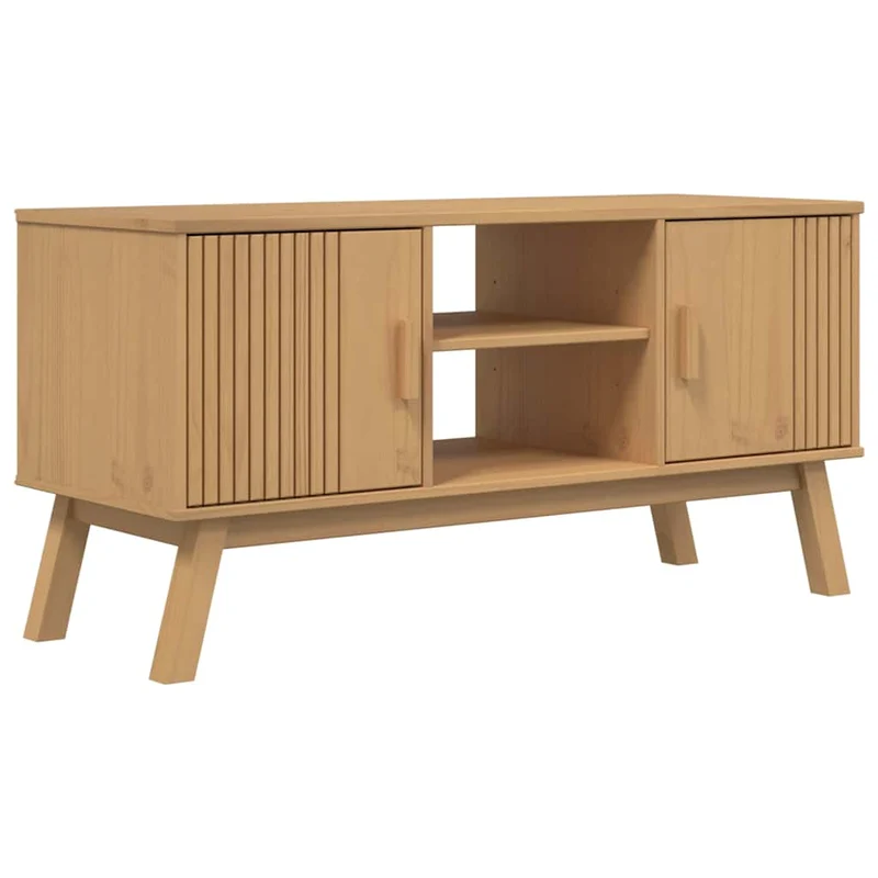 Meuble TV multimédia étagère télévision buffet téléviseur salle à manger salon chambre OLDEN 114 x 43 x 57 cm bois de pin massif brun 02_0028241