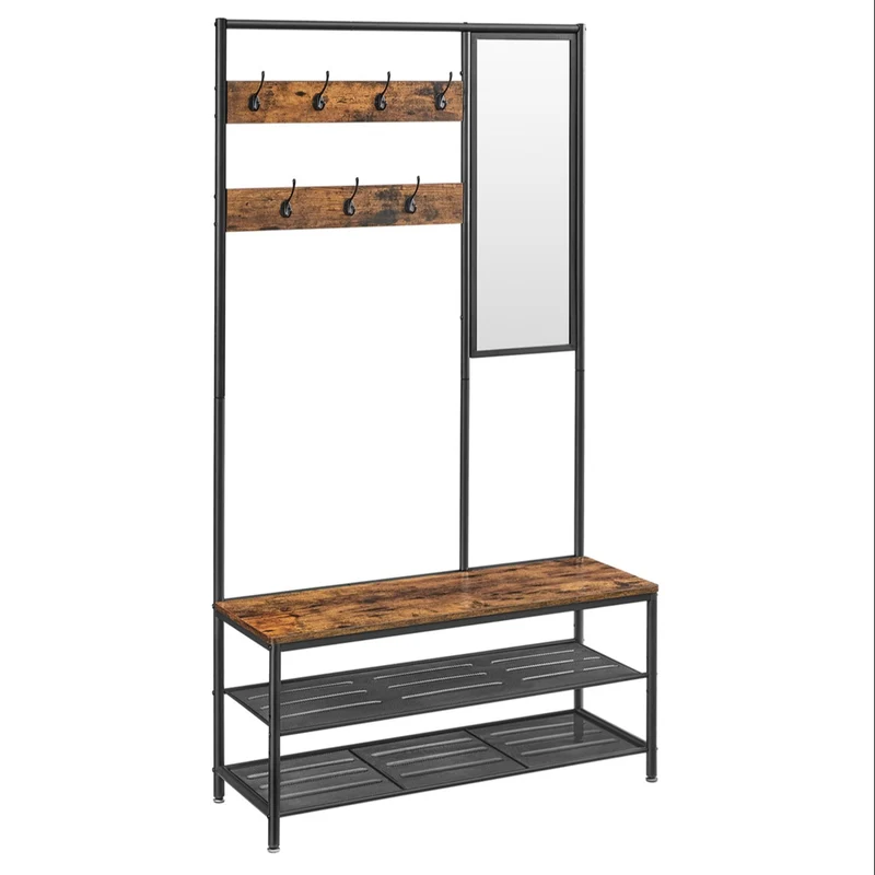 Meuble d’entrée avec crochets miroir banc et étagère à chaussures porte-manteaux vestiaire 35 x 98 x 180 cm couloir chambre salon style industriel marron 12_0006388