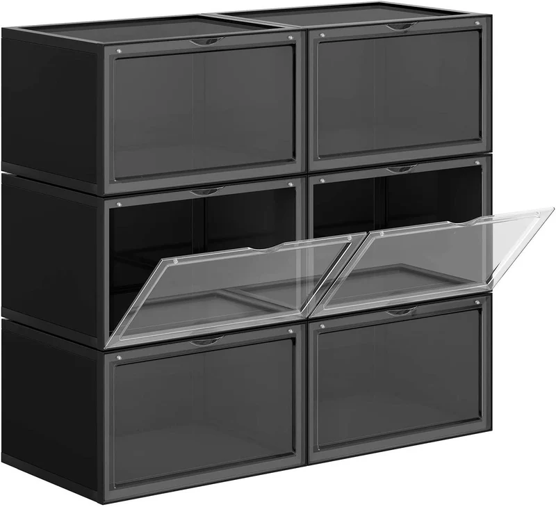 Boîtes à chaussures lot de 6 coffre de rangement empilable avec porte en plastique 36 x 28 x 22 cm pointure jusqu’à 46 transparent et noir 12_0000127
