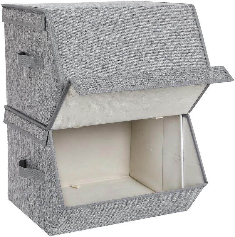 Lot de 2 boîtes de rangement avec couvercle magnétique à rabat empilables avec housse en tissu cadre en métal et poignées latérales pour accessoires jouets vêtements gris 12_0000025